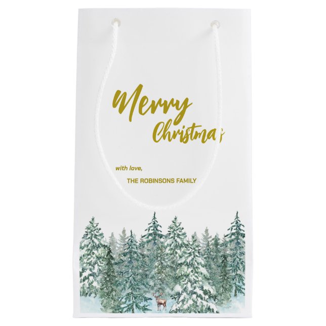Merry xmas trees forest Modern Gold script Holiday Small Gift Bag (Front)