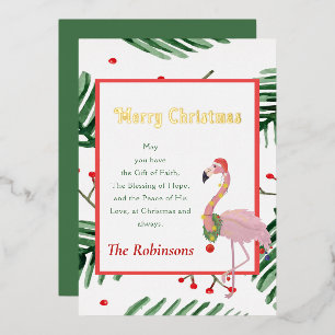 Merry Xmas Tropical Frame Pink Santa Flamingo Foil Holiday Card