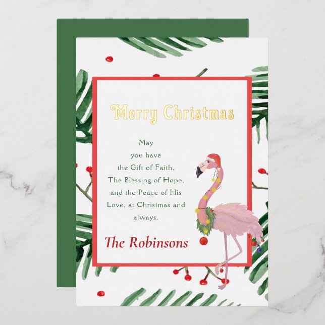 Merry Xmas Tropical Frame Pink Santa Flamingo  Foil Holiday Card (Front/Back)
