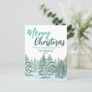 Merry xmas Watercolor forest Modern green greeting Holiday Postcard
