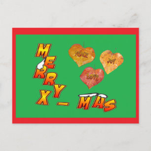Merry Xmas with 3 Heartshaped Leaves Red Postcard