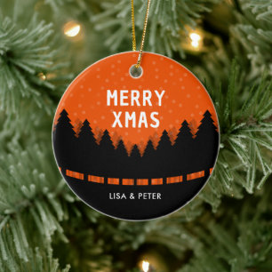 Merry Xmas with retro forest  Ceramic Tree Decoration