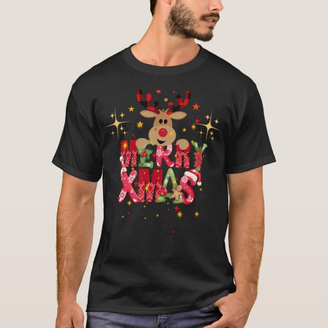 Merry Xmas With Rudolf Reindeer Design T-Shirt (Front)
