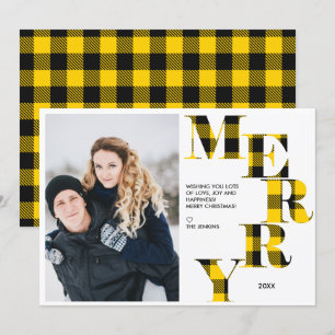 Merry   Yellow Buffalo Plaid Photo Holiday Invitation