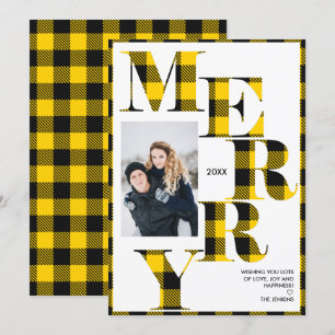 Merry  Yellow Buffalo Plaid Vertical Photo Holiday Invitation