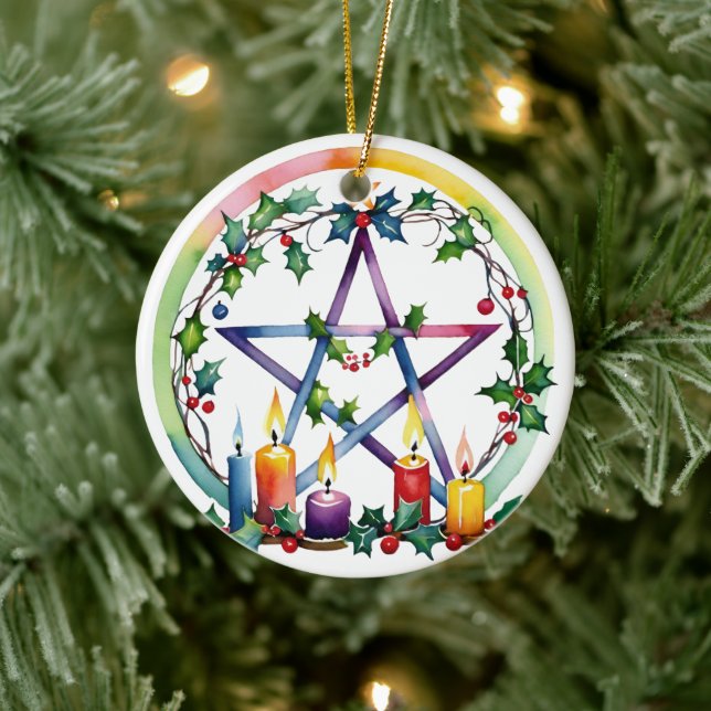 Merry Yule Festive Pentacle Winter Wiccan Holiday Ceramic Tree Decoration (Tree)