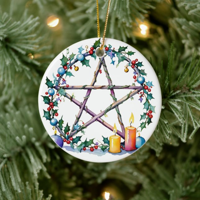 Merry Yule Festive Pentacle Winter Wiccan Holiday Ceramic Tree Decoration (Tree)