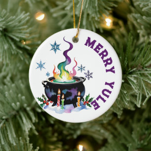 Merry Yule Festive Witches Cauldron Wiccan Holiday Ceramic Tree Decoration