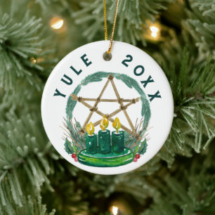 Merry Yule Winter Solstice Wiccan Festive Pentacle Ceramic Tree Decoration