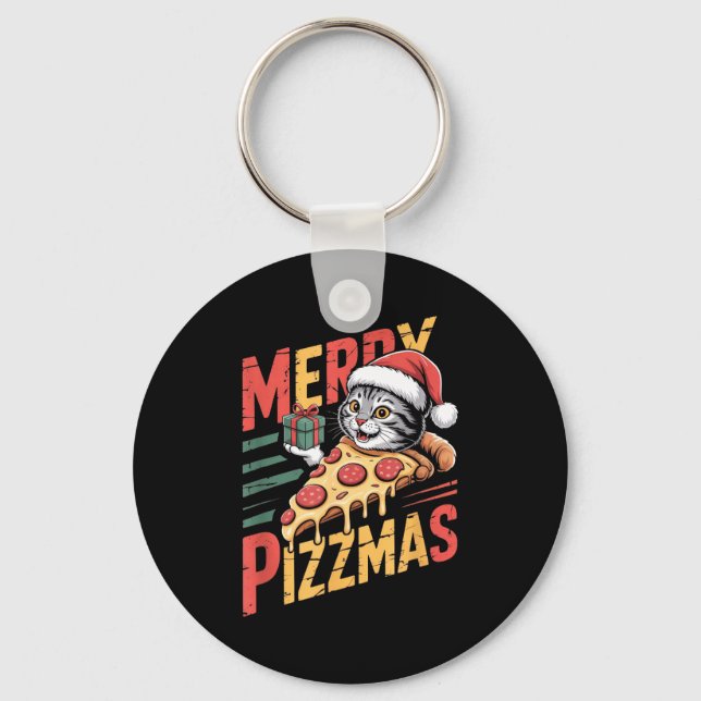 Merry Zzmas Christmas Cat Funny Zza Lover Xmas Cat Key Ring (Front)