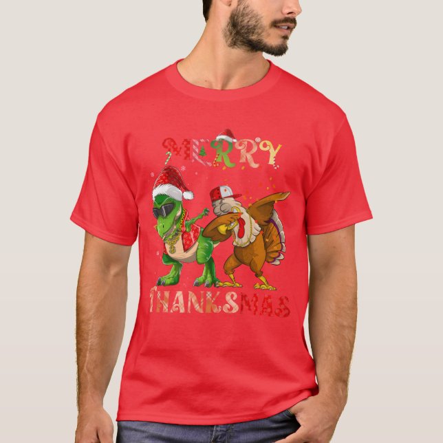 Merryhanksmas Dinosaururkey Rapper Dabbing family T-Shirt (Front)