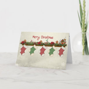 Mery Christmas Stockings on Mantle Holiday Card