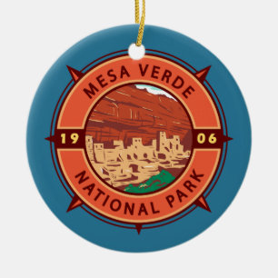 Mesa Verde National Park Retro Compass Emblem Ceramic Tree Decoration