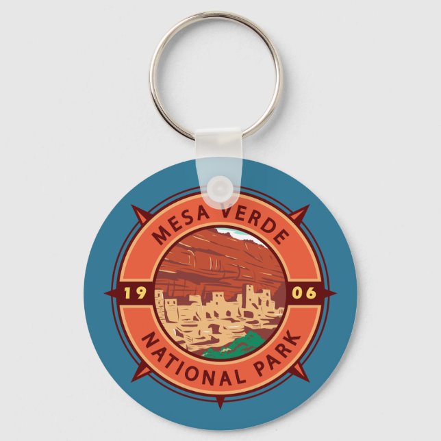 Mesa Verde National Park Retro Compass Emblem Key Ring (Front)