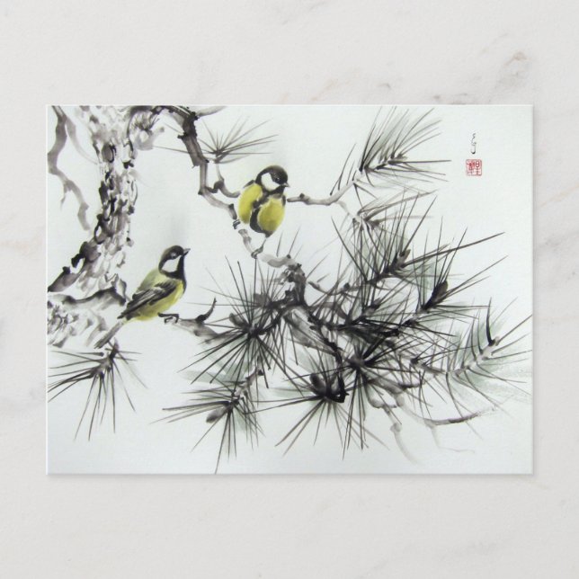 Mésanges aquarelle chinoise postcard (Front)