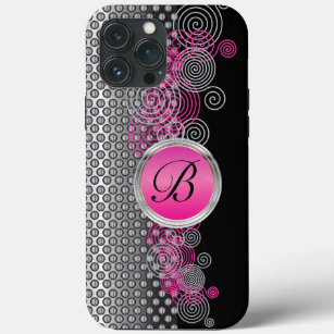 Mesh Steel with Circular Silver and Pink on Black iPhone 13 Pro Max Case