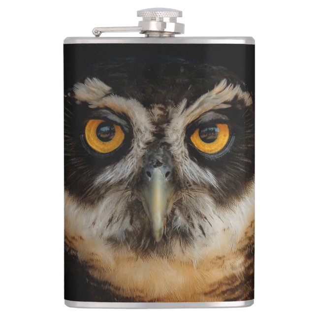 Mesmerising Golden Eyes of a Spectacled Owl Hip Flask (Front)