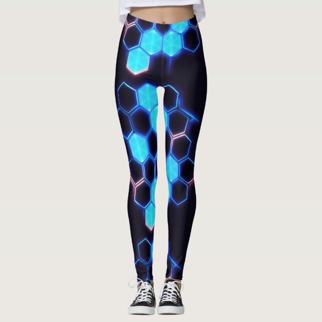 Mesmerising Holographic Cyberpunk Hexagon Tiles Leggings (Front)