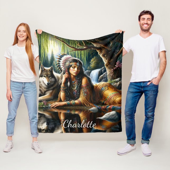 Mesmerising Indian woman with loyal wolf Fleece Blanket (In Situ)