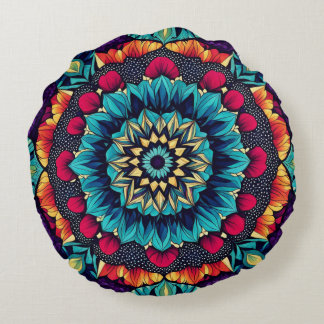 Mesmerising Jewel Tone Kaleidoscope Round Pillow