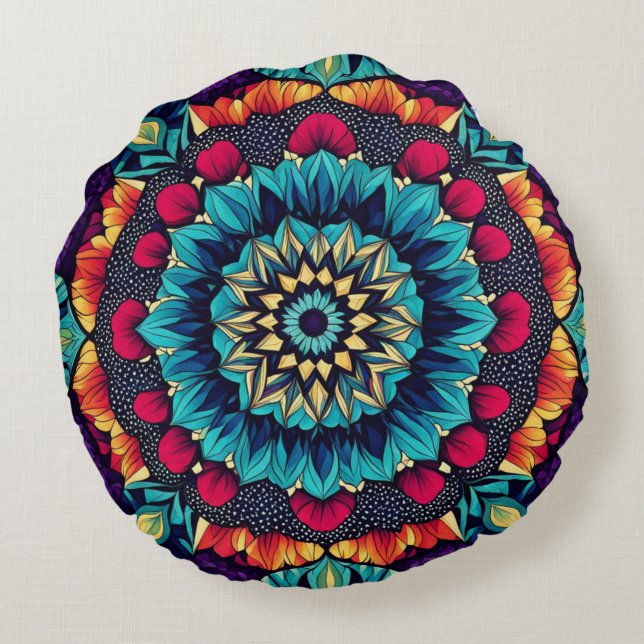 Mesmerising Jewel Tone Kaleidoscope Round Pillow (Back)