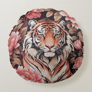 Mesmerising Tiger Pink Flowers Round Cushion