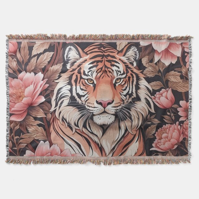 Mesmerising Tiger Pink Flowers Throw Blanket (Front)