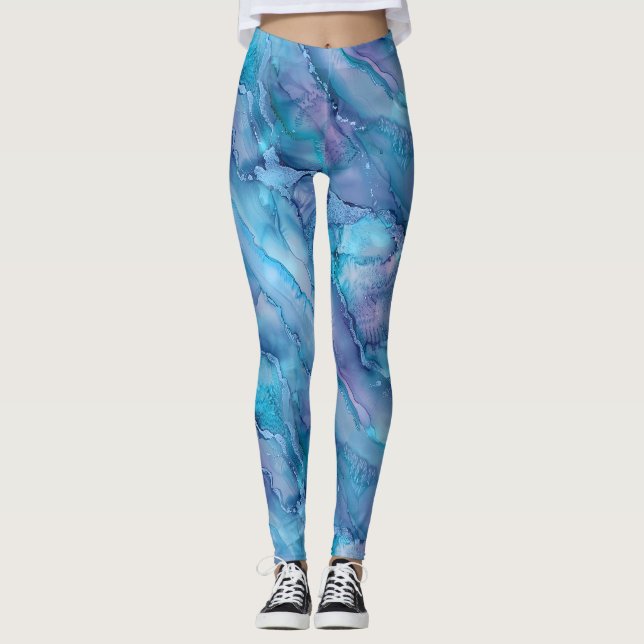 Mesmerizing Blue and Purple Creats Fluid Pattern Leggings (Front)