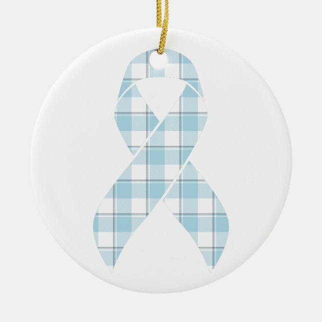 Mesothelioma Awareness Plaid Light Blue Ribbon Ceramic Tree Decoration (Front)