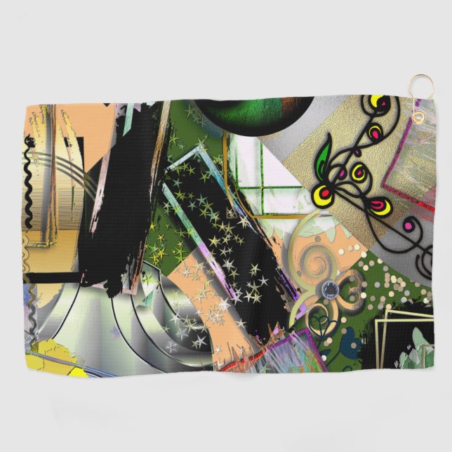 Mess of design objects & symbols with rough effect golf towel (Horizontal)