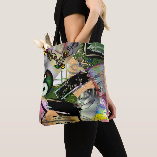 Mess of design objects & symbols with rough effect tote bag (Close Up)