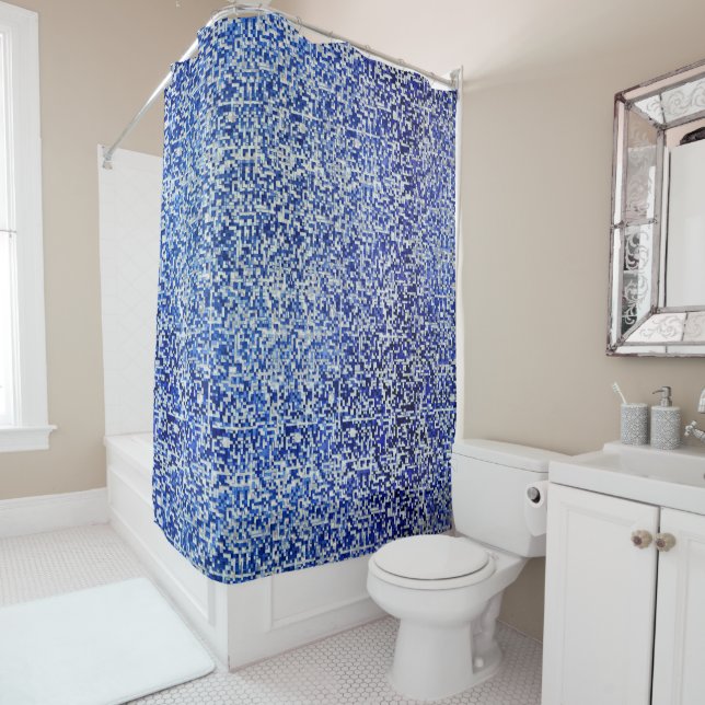 Mess of small squares, shades of blue with white shower curtain (In Situ)