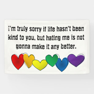 Message against hate with rainbow hearts banner