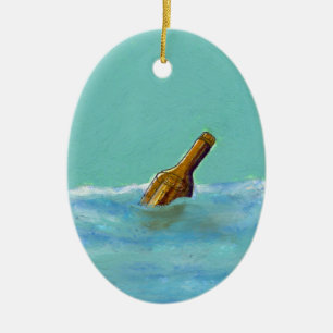 Message in a bottle at sea oil pastel drawing art ceramic tree decoration