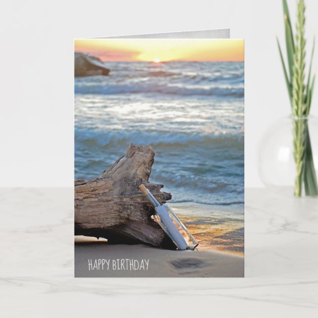 message in a bottle on driftwood birthday card (Front)