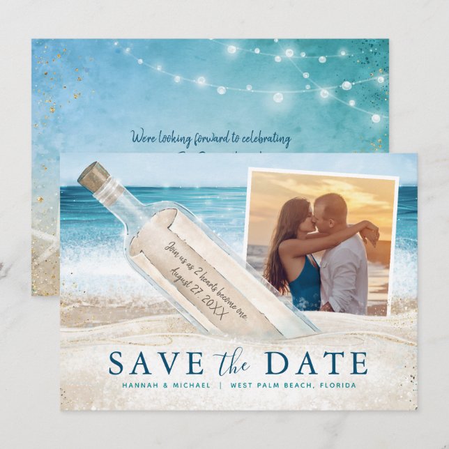 Message in a Bottle Photo Tropical Beach Wedding Save The Date (Front/Back)