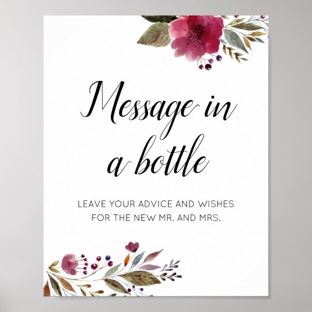 Message In A Bottle Wedding Advice Burgundy Floral Poster (Front)