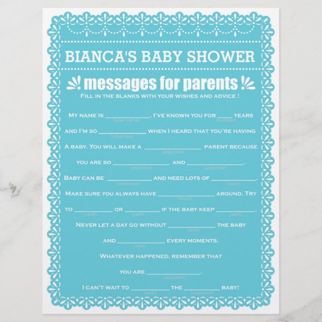 Messages for Parents Blue Papel Picado Baby Shower (Front)