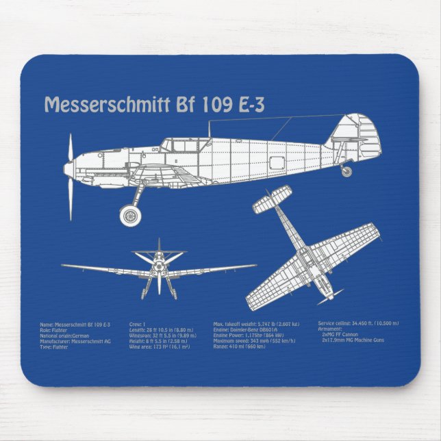 Messerschmitt Bf 109 - Aeroplane Blueprint ABD Mouse Mat (Front)