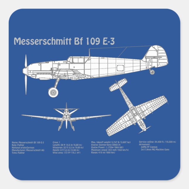 Messerschmitt Bf 109 - Aeroplane Blueprint ABD Square Sticker (Front)