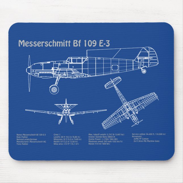 Messerschmitt Bf 109 - Aeroplane Blueprint AD Mouse Mat (Front)