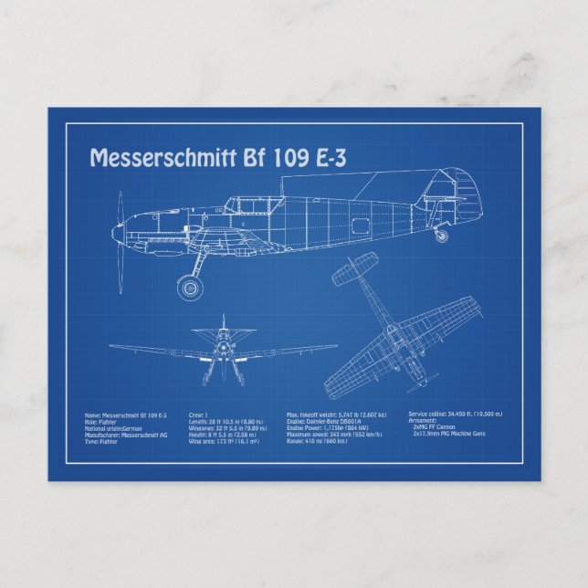 Messerschmitt Bf 109 - Aeroplane Blueprint AD Postcard (Front)
