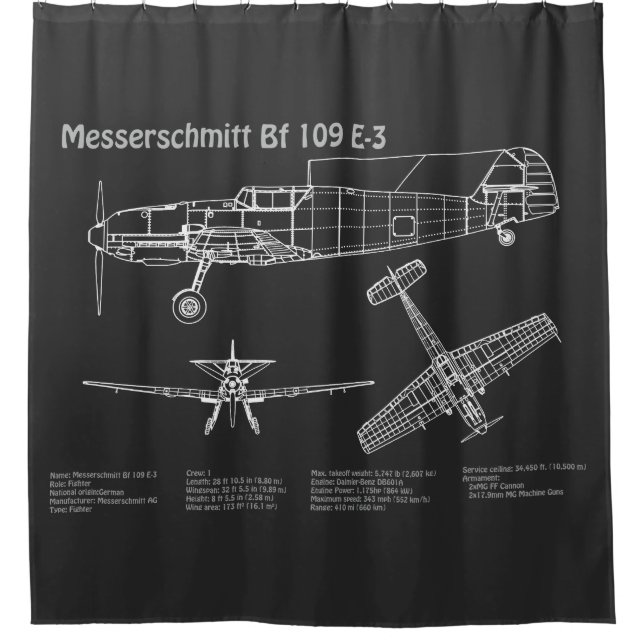 Messerschmitt Bf 109 - Aeroplane Blueprint PD Shower Curtain (Front)