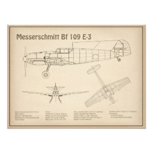 Messerschmitt Bf 109 - Aeroplane Blueprint SD Photo Print