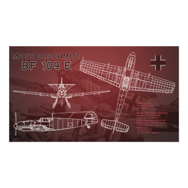 Messerschmitt Bf 109 Blueprint Photo Print (Front)