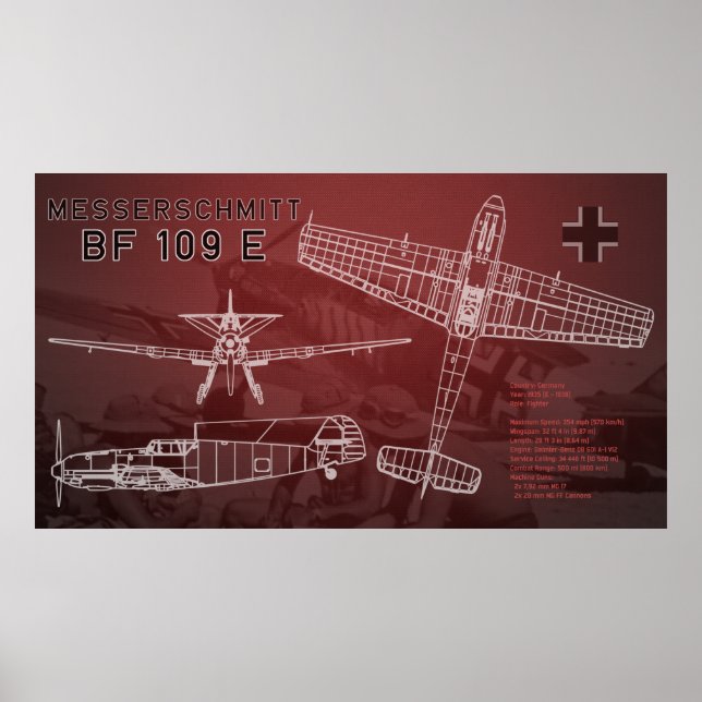 Messerschmitt Bf 109 Blueprint Poster (Front)