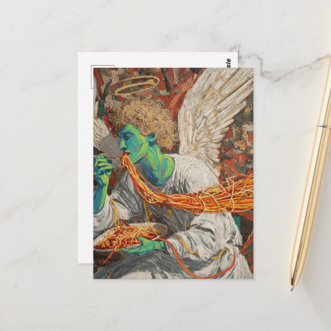 Messy Angel Alien Eating Spaghetti Postcard (Front/Back In Situ)