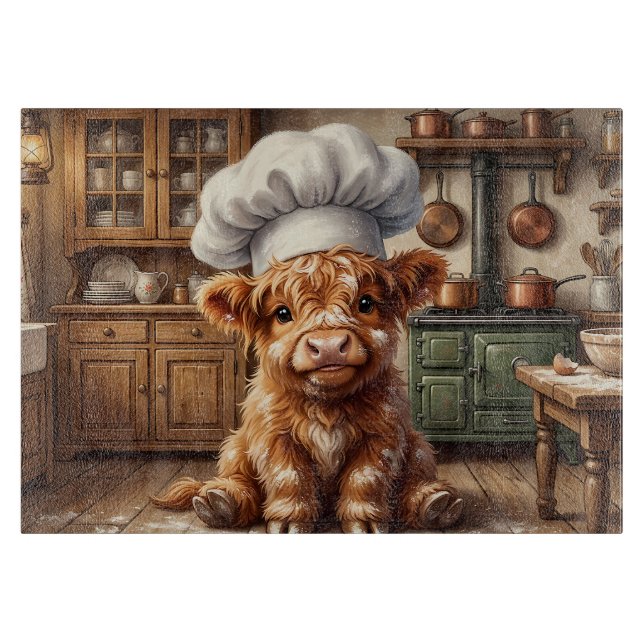 Messy Baking Highland Cow Glass Cutting Board (Front)