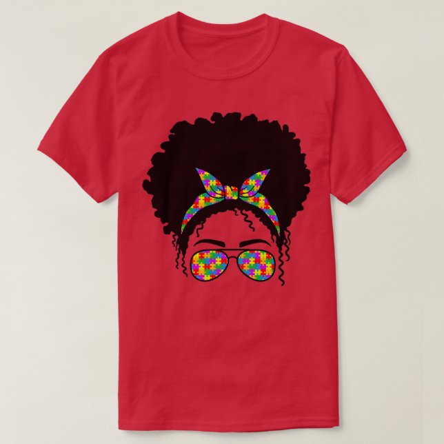 Messy Bun African American Hair Teacher Autism Awa T-Shirt (Design Front)