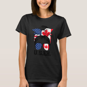 Messy Bun American Canadian Flag Sunglasses Us Eh T-Shirt